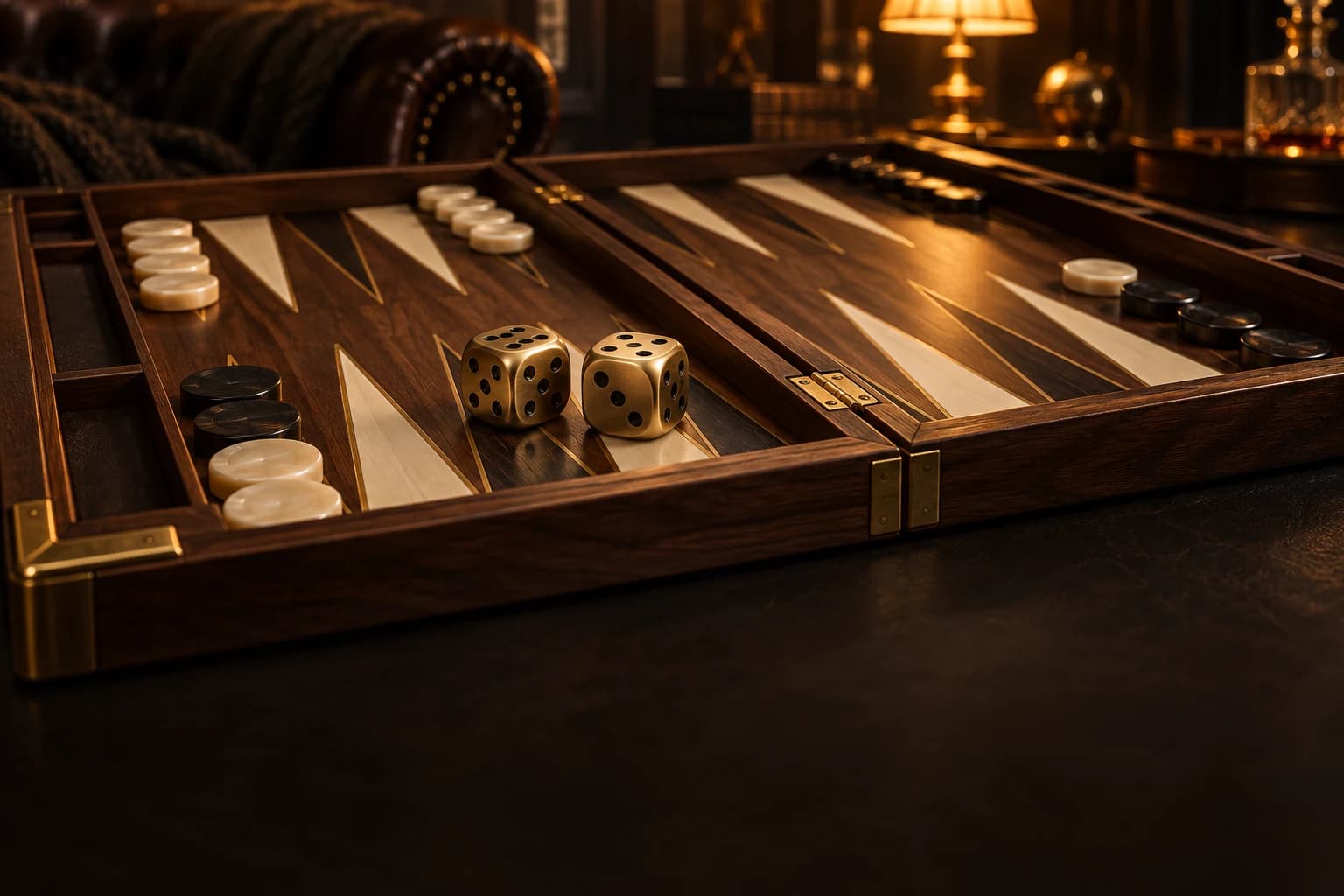 Cinematic concept artwork of brass dice on a handcrafted walnut backgammon board